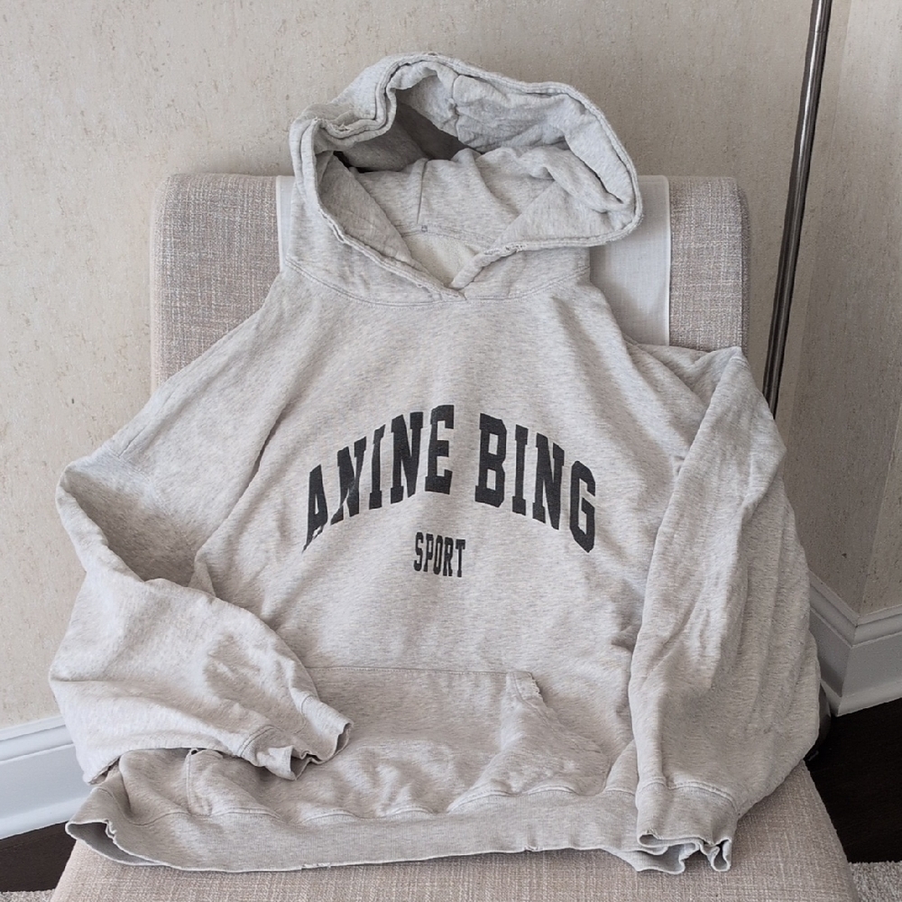 Anine Bing Heather Gray Hoodie with Black Print
